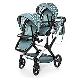 Bayer Design 26758AA Twin Xeo Cochecito de muñeca gemelas, Carrito Paseo para muñecos, Ajustable en Altura, Bolsa, Verde, Estrellas