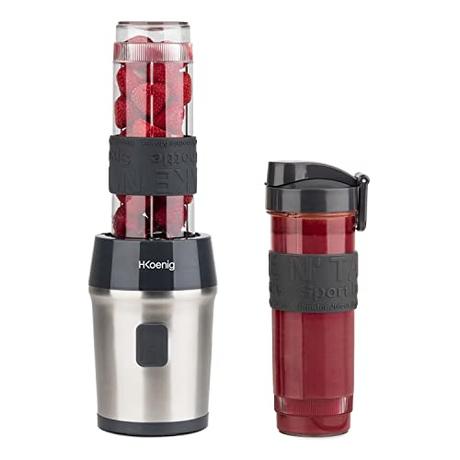 H.Koenig SMOO9 Batidora de Vaso Portátil, Licuadora Mini, Smoothie Maker, Batidora Para Zumos, Batidos, Smoothies, Capacidad de 570 mL, 300 W, Incluye 2 Botellas Portátiles, Acero Inoxidable
