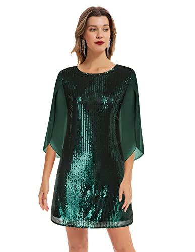 Vestido Suelto de Lentejuelas para Mujer Camiseta Elegante de Manga Corta con Cuello Redondo Lentejuelas de Fiesta Elegante Verde XL