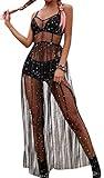 Vestido Transparente para Mujer Maxi Vestido de Moda para Fiesta Vestido Largo de Tirantes sin Manga Dress Clubwear Femenino con Lentejuelas (Negro, S)