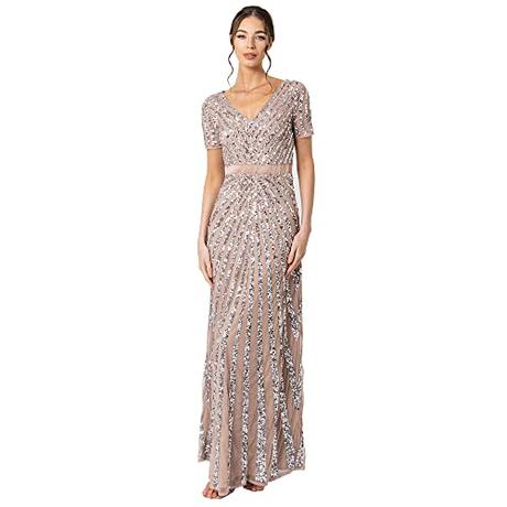 Maya Deluxe Vestido Largo de Lentejuelas Adornado para Mujer, Manga, Cuello en V, Cintura Imperio, Corte Brillante, para graduación, Boda Dama de Honor, Rubor Taupe, 38 EU