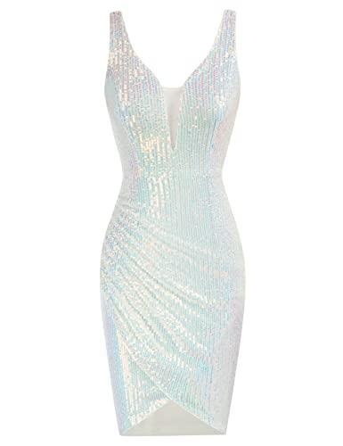 Vestido de Lentejuelas con Cuello Pico y hasta la Rodilla para Fiestas Blanco S