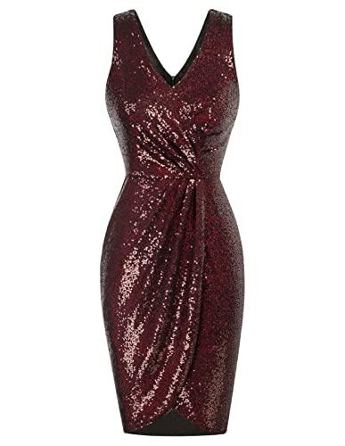 Vestido Lápiz para Mujer Sin Mangas Escote En V hasta La Rodilla Lentejuelas Ceremonia De Boda Vino Rojo L