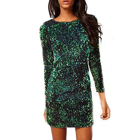Tomayth Mujer Otoño Elegante Mini Vestido Ajustado de Moda Lentejuela Manga larga V Profunda Vestido Cortas Vestido de Cóctel (M, Verde)