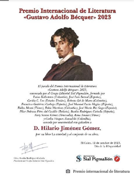 Premio Internacional de literatura Gustavo Adolfo Bécquer 2023, para el profesor y poeta Hilario Jiménez Gómez. Premio Internacional de literatura Gustavo Adolfo Bécquer 2023, para el profesor y poeta Hilario Jiménez Gómez.