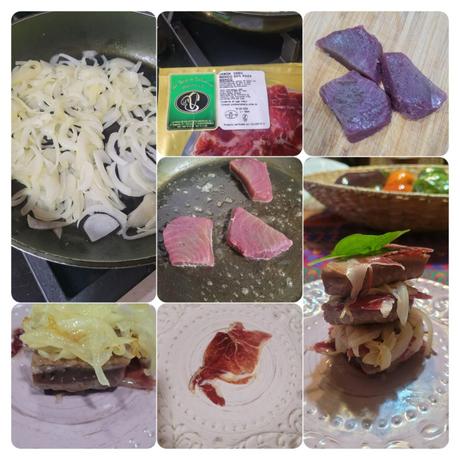 Lomo de atún con cebolla caramelizada y jamón curado del bueno