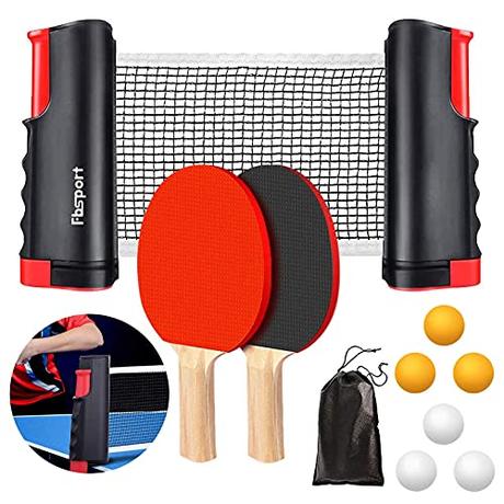 FBSPORT Sets de Ping Pong, Raquetas de Tenis de Mesa Professionales, 6 Pelotas, 1 Red Retráctil, 1 Bolsa, Tenis de Mesa Set para Entrenadores Adultos Niños Interior Exterior