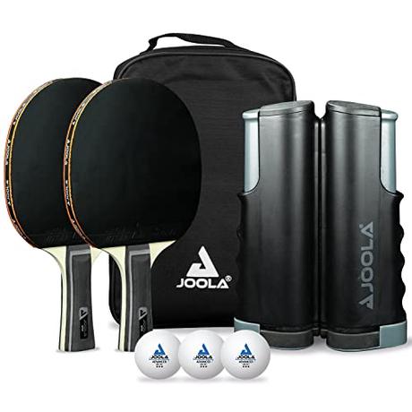 JOOLA Juego de Tenis de Mesa Spin – 2 Raquetas de Ping Pong + 3 Pelotas + Red + Funda de Ping Pong Gris/Negro, Aprobado por ITTF (7 Piezas)