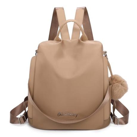 OLIVIA WONG Mochila antirrobo Impermeable para mujer (14.80L) | Mochila Convertible en bolso con pompom y Asa desmontable de adorno - Khaki/Taupe
