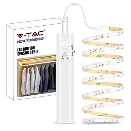 V-TAC Luz armario tira LED con sensor de movimiento y botón ON OFF – Tira LED de 1 metro para iluminar armarios, muebles, camas, escaleras, cocina – Funciona con pilas AAA – Luz cálida