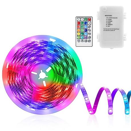 Tira de luces LED de 5 m, funciona con pilas, 150 LED, RGB 5050, autoadhesiva, 16 colores cambiantes, con mando a distancia, para decoración del hogar, dormitorio, fiesta