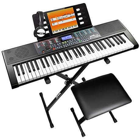RockJam Kit de piano de teclado de llave de Rockjam 61 con soporte de teclado, banco, auriculares, nota Pegatinas y lecciones, Color Negro
