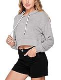 Hanyomo Mujer Deportes Cropped Fitness Sudaderas con Capucha Manga Larga Capacitación Pullover Algodón Terry Camisa Gris L