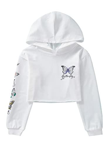 dPois Sudadera con Capucha Casual para Niña Sudadera con Estampado Mariposa Chándal Top Deportivo Camiseta Manga Larga Elegante Chica Blanco 9-10 años
