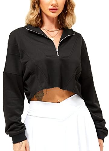 TZLDN Sudadera Corta de Manga Larga para Mujer，Color sólido，con Cremallera,Cuello en V o Redondo，otoño，para Diario o Deporte #1 Negro- M