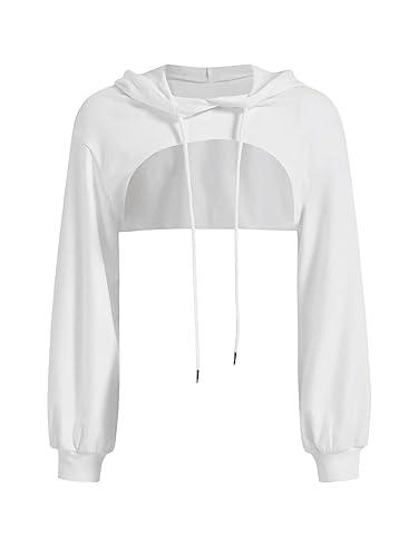 GORGLITTER Sudadera con capucha para mujer, muy corta, de manga larga, cuello redondo, con capucha, Blanco, L