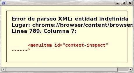 pantalla de error de parseo XML