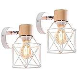 iDEGU 2 Piezas Lámpara de Pared Vintage 15CM Aplique Pared Interior de Madera Metal Industrial Diseño de Jaula Luz de Pared Ajustable Retro Iluminación E27 para Dormitorio Pasillo Cocina Café (Blanco)