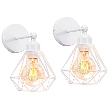 TOKIUS Apliques de Pared Vintage Diseño de Jaula de Hierro Ø 16cm Negro Industrial Lámpara Pared Interior Lámpara de Techo Ajustable para Pasillo Escalera Dormitorio (2 Piezas, Blanco)