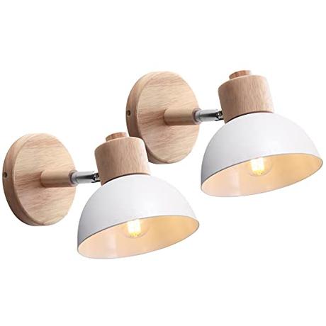 iDEGU 2 Piezas Lámparas de Techo Moderno, Lámparas de Pared para Dormitorio Simple E27 Iluminación Interior Luz de Pared en Madera Hierro Ajustable Lámparas para Pasillo Sala de Estar (Blanco)