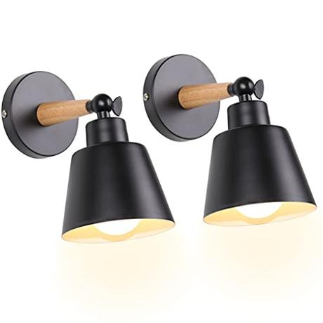 TOKIUS 2 Piezas Aplique de Pared Moderno, Lámparas de Pared para Dormitorio E27 Iluminación Interior Luz de Pared Simple en Madera y Metal Ajustable Lámparas para Salón Pasillo (Negro)