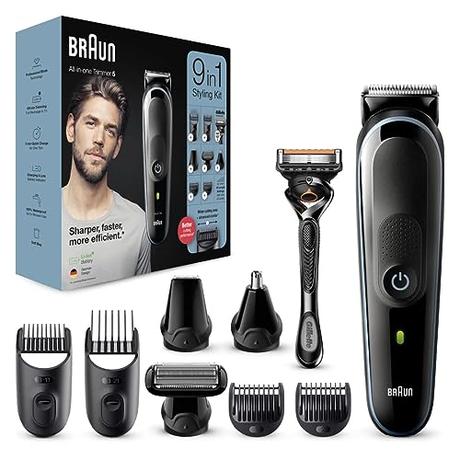 Braun Recortadora de Barba Series 7, Máquina Cortar Pelo, Cortapelos Hombre 9 En 1 Para Hombre, Para La Cara, Pelo, Orejas, Nariz, 7 Accesorios, MGK5380, Negro/Azul