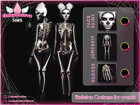 Sims 4 CC | Clothing & Makeup: Skeleton Costume for women • SET | Halloween CC |  Gabymelove Sims | mod, mods, custom content, contenido personalizado, cas, cloth, ropa, maquillaje, pintura facial, face paint, noche de brujas, outfit, skull, esqueleto, disfraz, mujeres, mujer, femenino, female, woman, paquete, pack