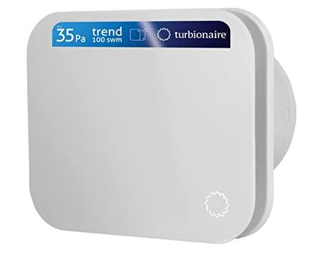 Turbionaire TREND 100 SWM Extractor, Extracción, Ventilación para Baño, Cocina, Pared/Techo, Panel Frontal Blanco Opaco, Diámetro 100mm, 35Pa, Amortiguador Antirretorno, Silencioso 33dB, IPX4