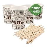 TELEVASO 1000 Vasos Desechables 200 ML Cafe Vasos Carton Desechables con 1000 agitadores Cafe, Vasos ecologicos Reutilizables Bebidas Calientes, te, Leche, Resistentes al Calor, Capacidad