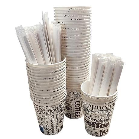 100 Vasos Desechables Café de Papel Cartón de 200 ml, Vasos Resistentes y Elegantes para Bebidas Calientes o Frías, Perfectos para Oficina y Hogar. Incluyen 100 Paletinas de Madera