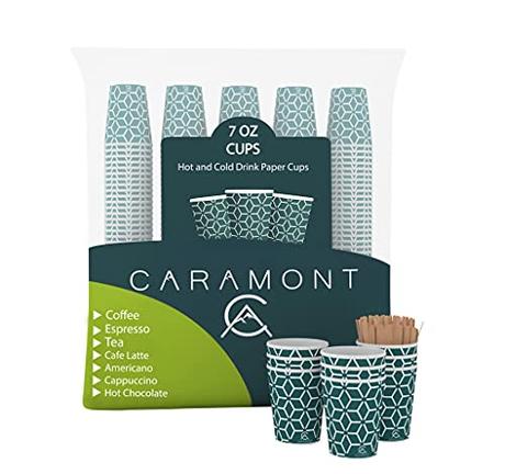 Caramont,400 Vasos de Cartón de 7 Onzas con Agitadores de Madera,Ecológicos y Desechables,Resistentes Al Calor, Ideales para Café,Té,Cumpleaños,Etc.