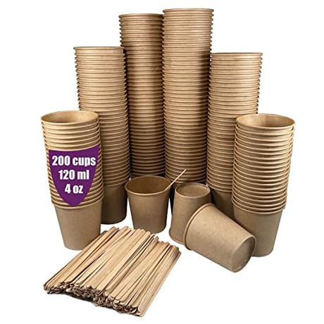 200 vasos desechables café kraft de 120 ml / 4 oz, vasos de cartón kraft desechables con paletinas de madera para café. Para bebidas frías y calientes. Para llevar