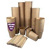 200 vasos desechables café kraft de 120 ml / 4 oz, vasos de cartón kraft desechables con paletinas de madera para café. Para bebidas frías y calientes. Para llevar