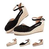 Hitmars Sandalias Mujer Verano Cuña Alpargatas Plataforma Esparto Tacon Medio Alto Espadrilles Punta Cerrada Zapatos Elegantes Negro 40 EU