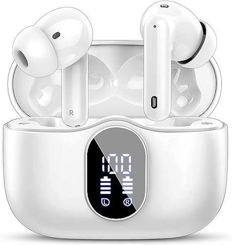 Auriculares Inalámbricos,Auriculares Bluetooth 5.3 con HD Micrófono HiFi Estéreo Pantalla LED,Reducción de Ruido Auriculares,13 mm Controlador dinámico,IP7 Impermeable 36H Cascos Inalambricos Blanco