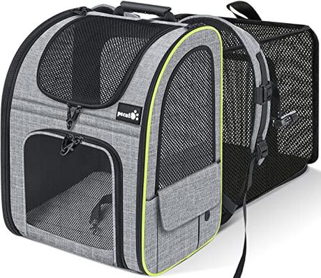 Pecute Transportin Gato Mochilas para Gatos y Perro Bolsa para mascotas Expandible y Plegable, Carga Máxima 8 kg, para viajar en tren / automóvil / restaurante / avión, Gris (Gris, Ventana de malla)
