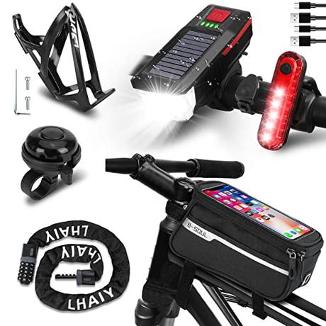 6 en 1 Accesorios Bicicletas incluyendo Luces Bicicleta Delantera y Trasera, Bolsa Bicicleta, Candado de Cable, Portabidones Ciclismo, de Bicicleta para Bici Carretera Montaña