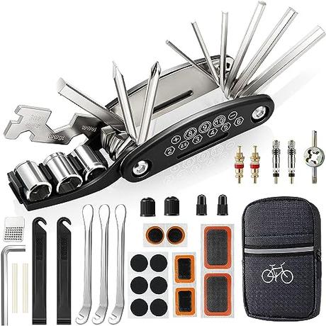 URBZUE Multiherramienta Bicicleta, 16 en 1 , Kit de Reparación de Pinchazos, Neumáticos Palancas, Parches y Bolsa, Montaña Accesorios Bicicletas