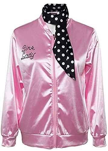helymore Ladies Costume 1950s Danny Chaqueta de Saten Pink con Panuelo de Lunares Abrigo Rosa para el Carnaval de Halloween, M