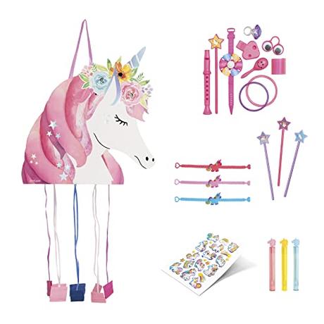 Piñata de Cumpleaños Grande de Unicornio de 40,5 x 43 cm con 36 piezas de juguete - Decoración Fiestas Infantiles Niño y Niña - Piñatas Grandes para rellenar con juguetes y chuches.