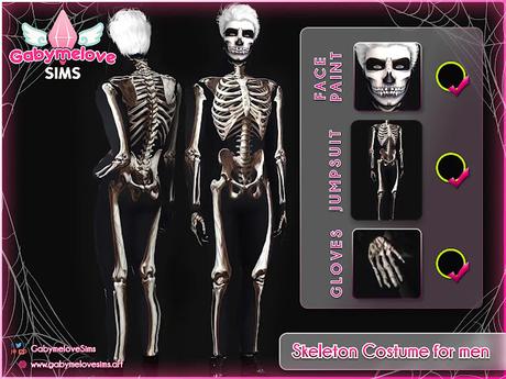 Sims 4 CC | Clothing & Makeup: Skeleton Costume for men • SET | Halloween CC |  Gabymelove Sims | mod, mods, custom content, contenido personalizado, cas, cloth, ropa, maquillaje, pintura facial, face paint, noche de brujas, outfit, skull, esqueleto, disfraz, hombres, hombre, masculino, male, man, paquete, pack