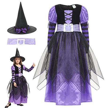 EOZY Disfraz Halloween Niña Disfraz de Bruja con Sombrero y Cinturón para Niñas Chicas para Halloween Carnaval,Cosplay(Purple,4-12 años) (7-9 años)