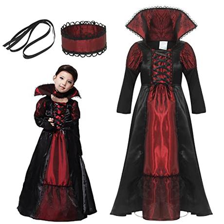 Cloudkids Disfraz Vampiresa de Niña 10-12 Años, Halloween Disfraz de Vampiro Niña Chica, Talla XL, Color Rojo y Negro