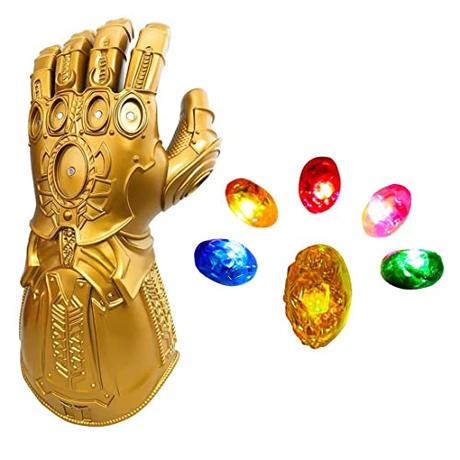 Thanos - Guante con luces LED para niños y adultos, Thanos Gauntlet con piedras de infinito, guante de poder con piedras preciosas, Halloween, cosplay, accesorios para fiestas, dorado, Kindergrößen