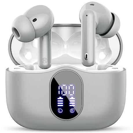 Auriculares Inalámbricos, Auriculares Bluetooth 5.3 con HD Micrófono HiFi Estéreo Pantalla LED, Reducción de Ruido Auriculares,13 mm Controlador dinámico,IP7 Impermeable 36H Cascos Inalambricos Gris
