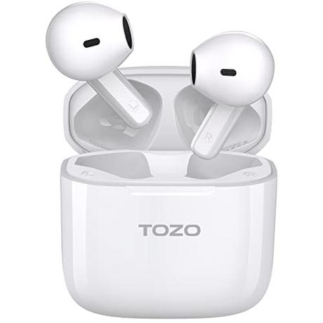 TOZO Auriculares Inalámbricos, A3 Cascos Inalambricos Bluetooth con Reducción de Ruido de Llamada Digital, Estuche de Carga con Tecla de Reinicio Detección de Sala, Auriculares de Media Oreja, Blanco