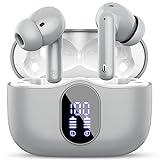 Auriculares Inalámbricos, Auriculares Bluetooth 5.3 con HD Micrófono HiFi Estéreo Pantalla LED, Reducción de Ruido Auriculares,13 mm Controlador dinámico,IP7 Impermeable 36H Cascos Inalambricos Gris
