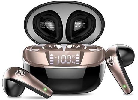 Auriculares Inalambricos Bluetooth, Mini Auriculares Bluetooth 5.3 con HD Micrófono, 40H Cascos Inalambricos Bluetooth con Sonido Potente y Claro, Audifonos con Pantalla LED, IP7 Impermeable, Negro