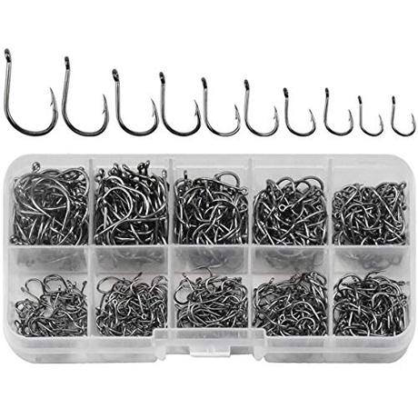 AvoDovA 600 Pz Anzuelos de Pescas, 10 Diversos 3# - 12# Pequeña Ganchos de Pesca con Agujero, Anzuelos de Púas del Acero de Carbono, Anzuelos de Pesca Mar y Agua Dulce