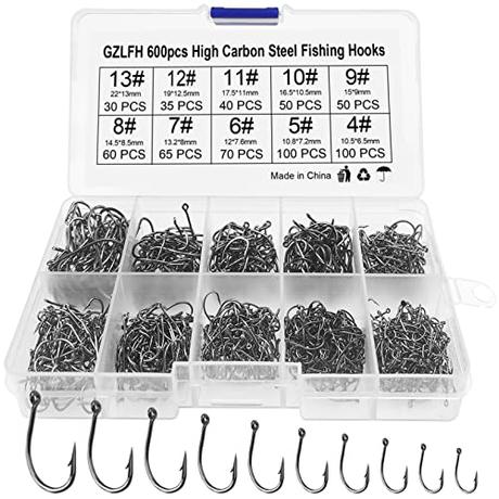 GZLFH 600 Anzuelos De Pesca, 10 Tamaños Kit De Pesca Completo Caja De Plástico para Agua Salada Y Dulce (Tamaño 4# -13#)